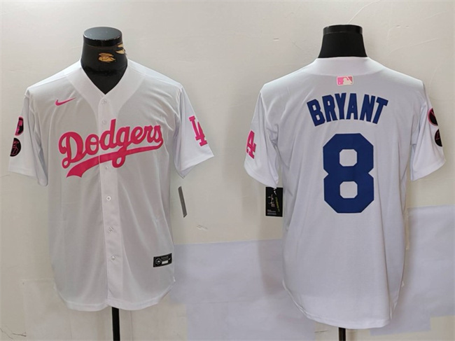 Men's Los Angeles Dodgers #8 Kobe Bryant White/Pink Vin & Kobe Patch Stitched Baseball Jersey Men's Los Angeles Dodgers #8 Kobe Bryant White/Pink Vin & Kobe Patch Stitched Baseball Jersey